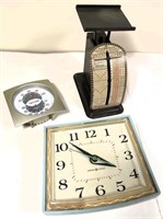 vintage GE wall clock & PO scale & thermometer