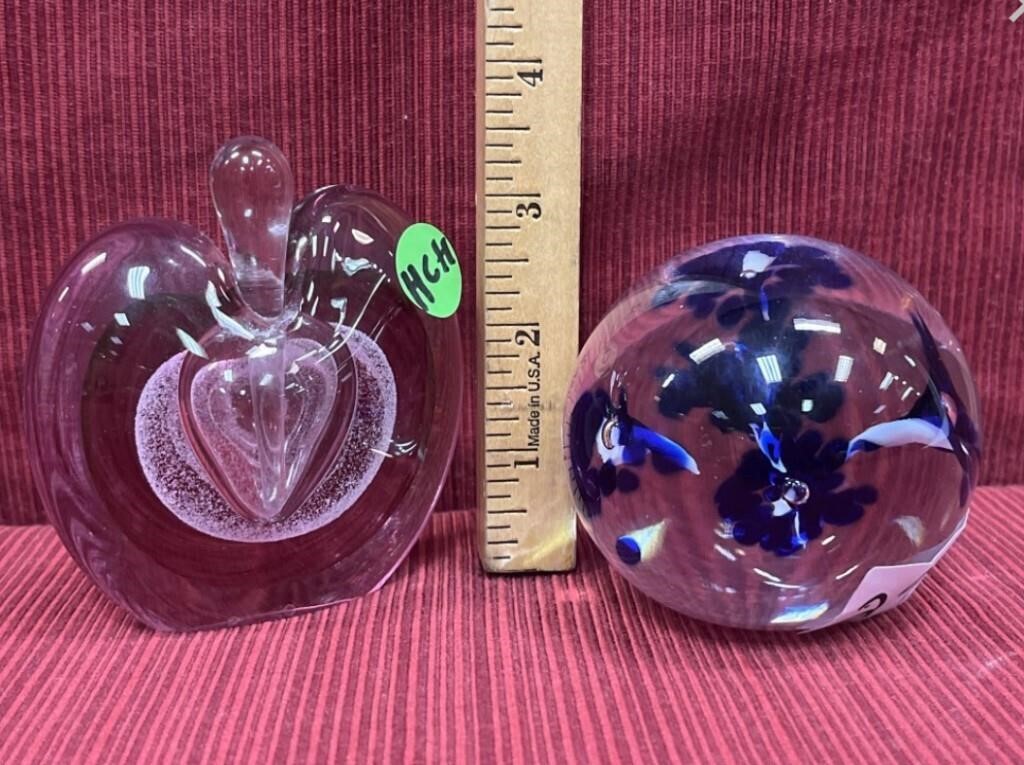 2 Art glass, cobalt and clear paperweight signed