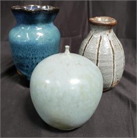 3 glazed ceramic pottery vases