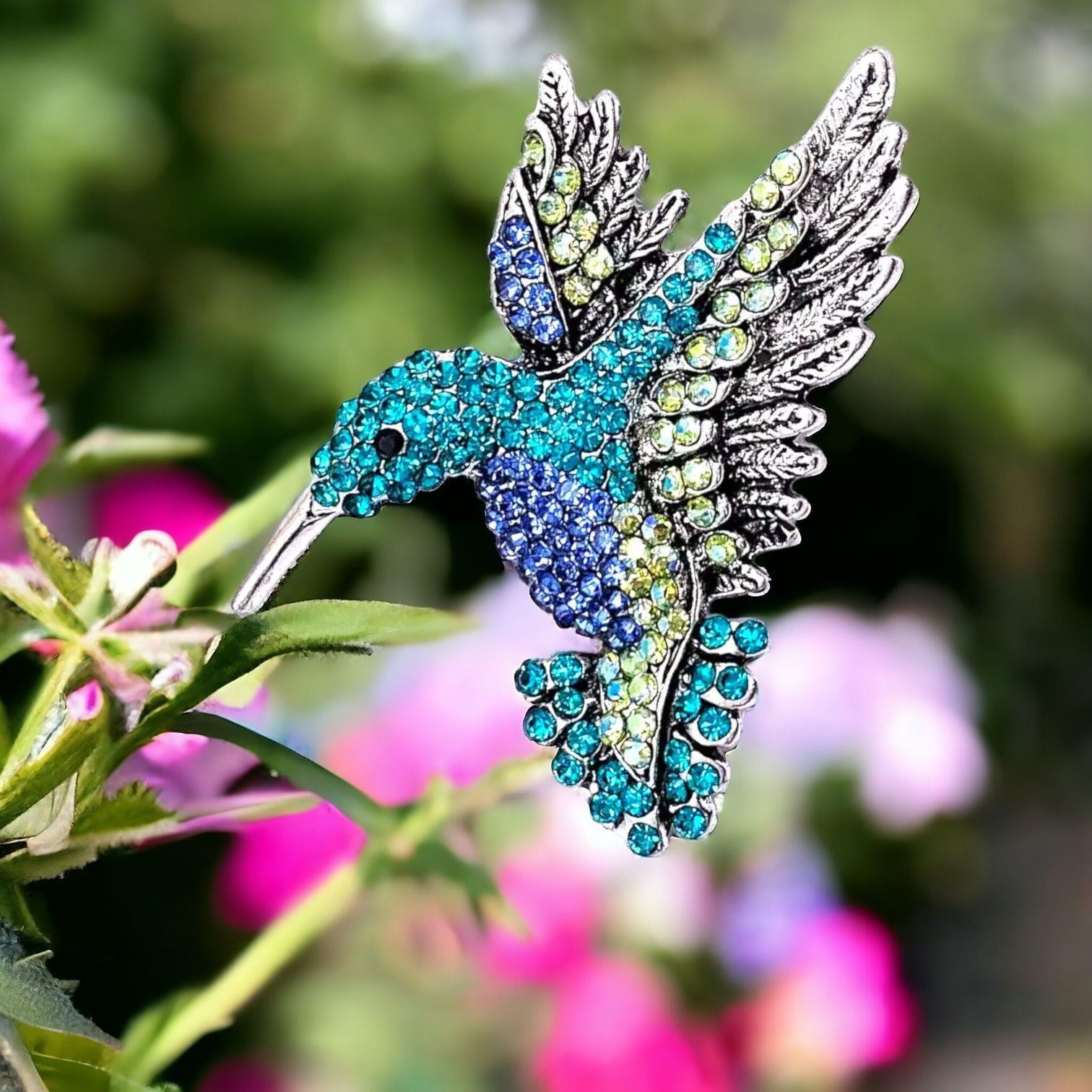 Vintage Blue/Green Stones Hummingbird Brooch