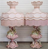 Pair of Large Pink Capodimonte Italian Table Lamps