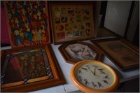 Clock, mirror, framed prints