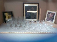 25 count glassware, 3 floral framed  pictures