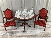 Wood Doll Table and Chairs with Tea Set