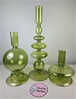 3 Funky Green Glass Candle Holders