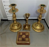 brass & rosewood box, brass candlesticks