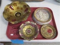 3 Pieces of Red/Gold Goofus Glass & Carved Stone.