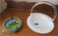 JD clock and milk glass basket