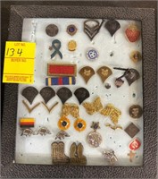 Various Military Pins and Club Pins in Glass Lided