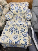 Blue & yellow flowered arm chair & stool