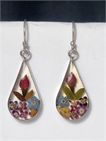 Flowers in Resin Teardrop Ear Rings Sterling SilvG