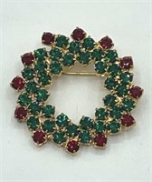 Vintage Christmas Wreath Rhinestone 1 1/2" Brooch