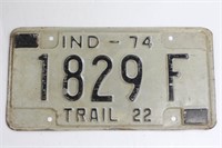 1974 Indiana Trailer Licence Plate 1829F