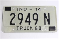 1974 Indiana Truck Licence Plate 2949N
