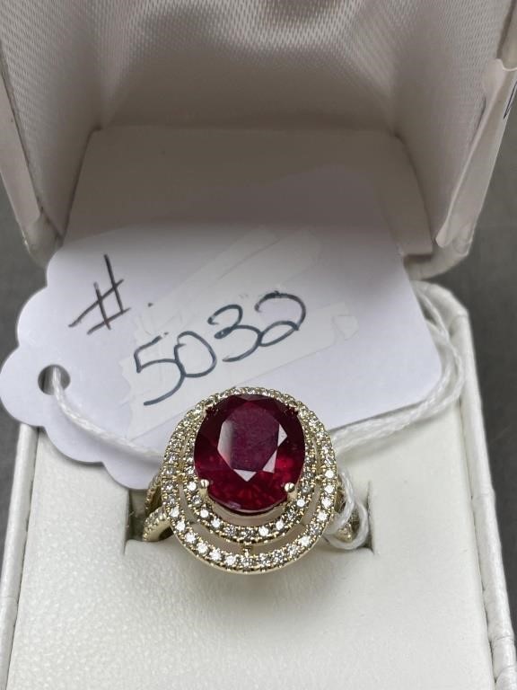14KT YELLOW GOLD LAB CREATED RUBY & DIAMOND RING