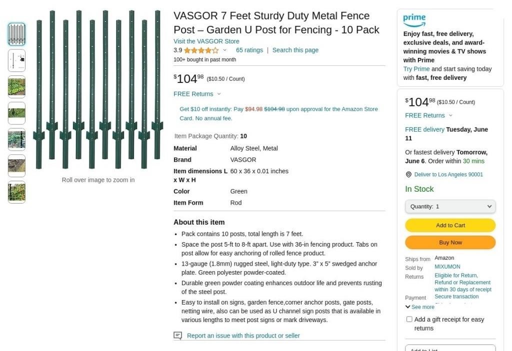 FB3330  VASGOR Metal Fence Post, 7 ft (10 Pack)