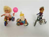 3 Vintage Tin Tricycle W/Rider Toys