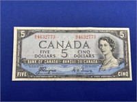 1954 $5 Canada Bank Note Devil Face  EF-AU
