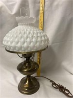 Electrified oil lamp with milk glass shade