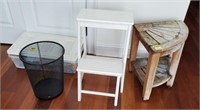 GROUP LOT- TEAK END TABLE, STEP STOOL, BOX OF