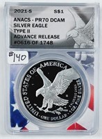 2021-S Type II  $1 Silver Eagle   ANACS PR-70 DCAM