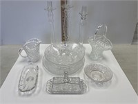 LOT OF MISC. CLEAR GLASS PITCHERS, BOWLS, BASKETS