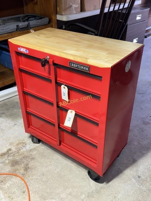 Red Craftsman 4-drawer, wood top rolling tool