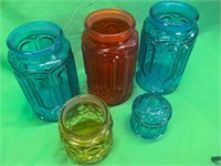 5 -Colorful Glass containers Red, Blue and amber