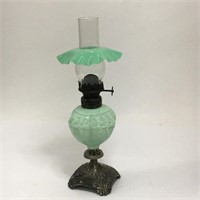Silver Plate And Green Glass Miniature Oil Lamp