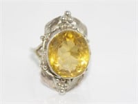 Large silver and facetted citrine ring