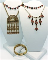 (3) Gold Tone Necklaces with Red Gemstones & Brace