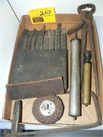 FLAT WITH DRILL BITS, SMALL PUMPS, HAND TOOLS
