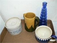 BLUE AND WHITE POTTERY BTTER CROCK, MAJOLICA CORN