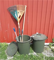 Trash cans with outdoor tools