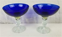 Pair Of 6" Tall Blue Stemmed Cocktail Glasses