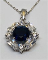 STERLING SILVER CZ WITH BLUE STONE PENDANT