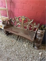 Vintage carved wood bench Bears 57" wide