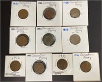1932, 1933, 1936, 1937 & 1938 Canadian Pennies *SC