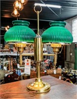 Brass Double Light Desk Lamp w/Green Glass Shades