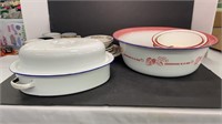 Enamelware bowls and roaster, and various plates
