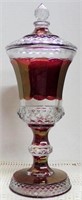Cranberry & Glass Pedestal Lided Dish