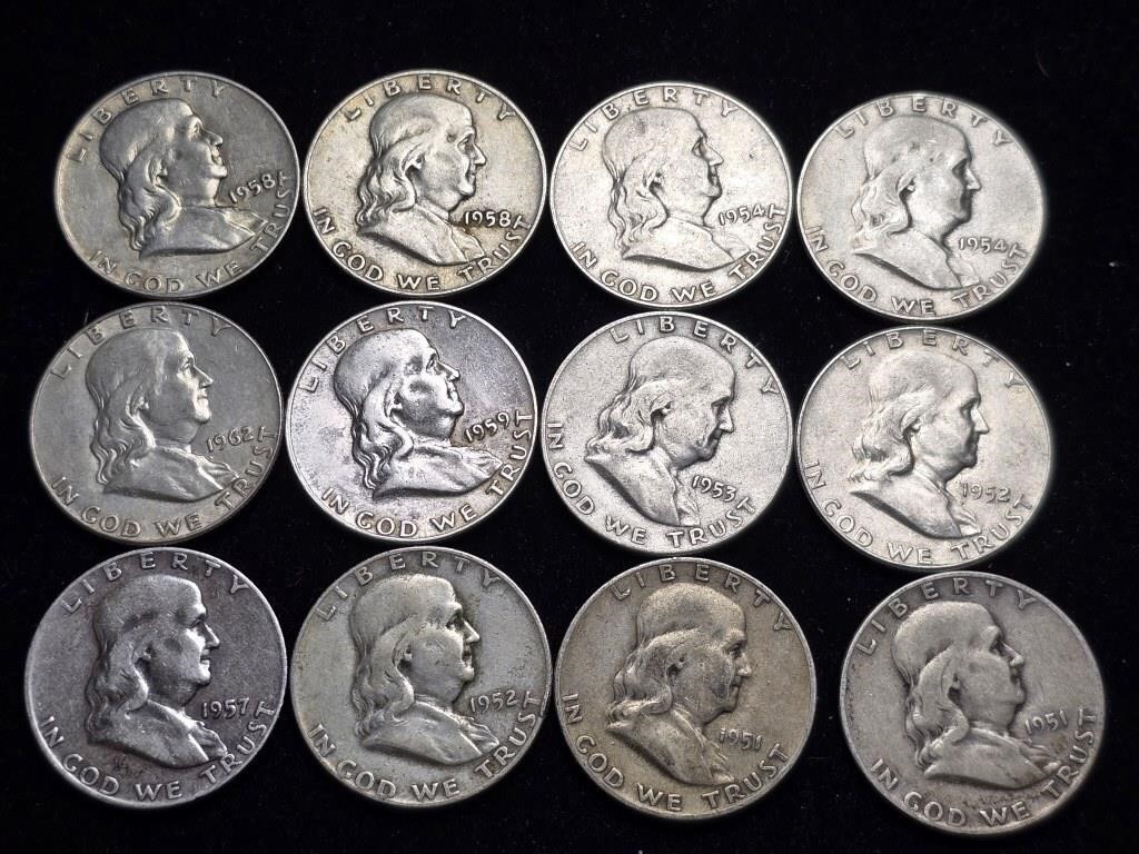 Various Dates Ben Franklin Half Dollars (12)