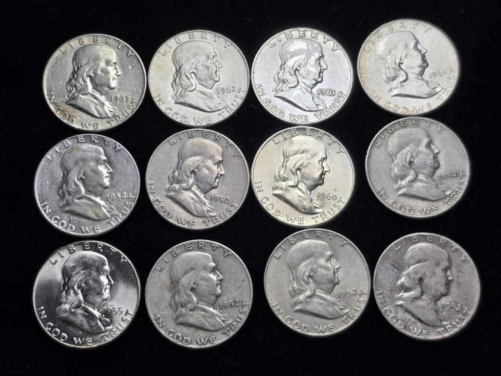 Various Dates Ben Franklin Half Dollars (12)