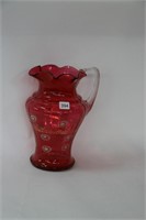 RUBY GLASS FRILLED PAINTED WATER PITCHER 10"