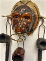 Monkey carved wood Antique pipe holder w/ pipes.
