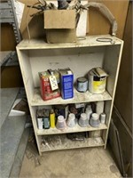 Wood cabinet, 3 shelves w/ various items: