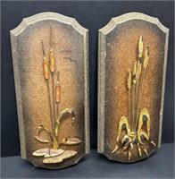 2 MCM Copper Brass Cattail Art Plaques