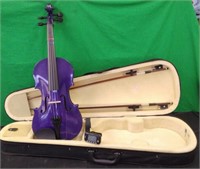 PURPLE VIOLIN (has crack) & TUNER IN CASE