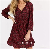 New Look Button Detail Dress In Red Ditsy Floral