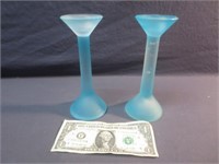 Frosted Blue Glass Long Candle Stick Holders Pair